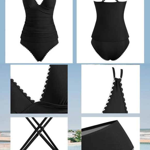 Black Tankini Tops for Women V Neck Push Up Swim Top Color Block Tummy Con - Picture 3 of 6